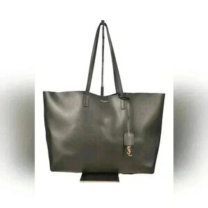 SAINT LAURENT YSL Black Smooth  Calfskin Leather Shopper Tote Italy